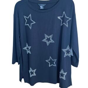 NWT Ali Miles Black Rhinestone Star Top M 3/4 Sleeve‎ Stretch Knit Celestial
